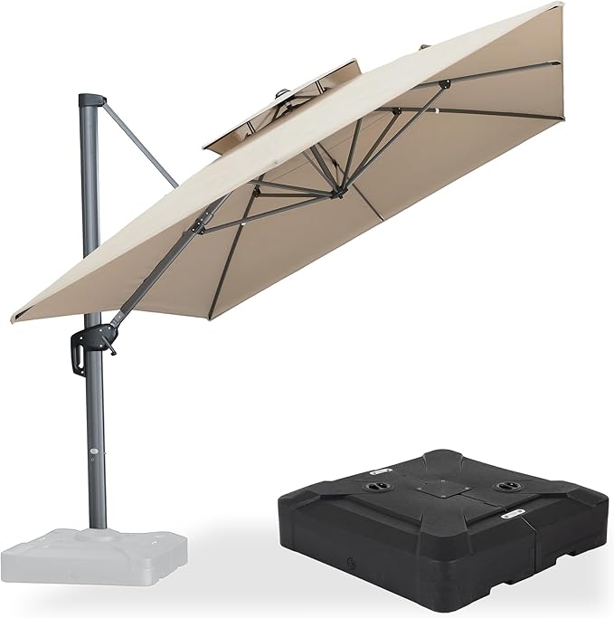 PURPLE LEAF Cantilever Umbrella with Base Included 10' X 13' Outdoor Patio Rectangular Umbrella with Double Top Large Heavy Duty 360° Rotation Offset for Deck Backyard Pool Spectrum Sand