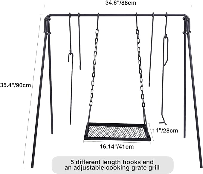 REDCAMP Swing Outdoor Campfire Grill Stand - Collapsible Campfire Cooking Rack with 6 Hooks & Iron Grill Grate, Portable Dutch Oven Hanger for Camping, Hiking, Cookware, Bonfire, Rectangle