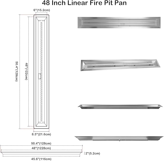 Stanbroil 48 x 6 Inch Linear Natural Gas Fire Pit Burner with Spark Ignition Kit, Stainless Steel Gas Fire Pit Kit Insert for DIY Fireplace, 91,000 BTU'S Max