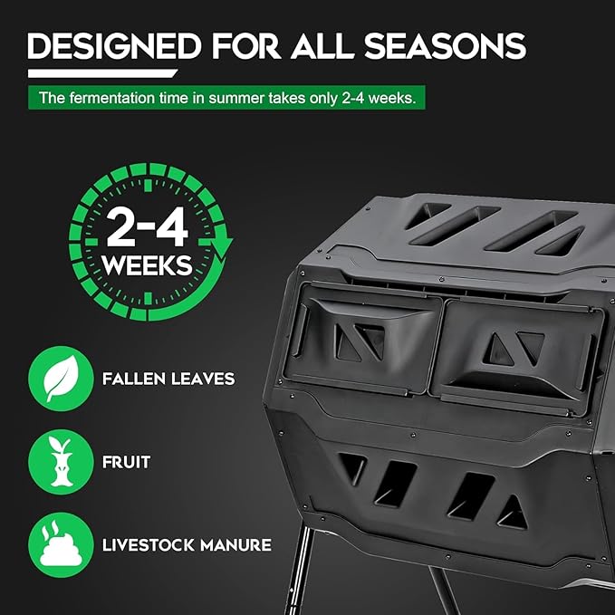 Saicool 43 Gallon Large Composting Tumbler Dual Chamber Outdoor Garden Rotating Compost Bin Tumbling Composter with Sliding Door,Black