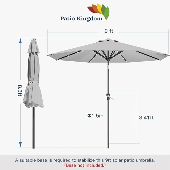 9FT Solar Umbrella 32 LED Lighted Patio Umbrella Table Market Umbrella w/Tilt and Crank, UV-Resistant Outdoor Umbrella for Pool, Garden, Deck, Light Gray