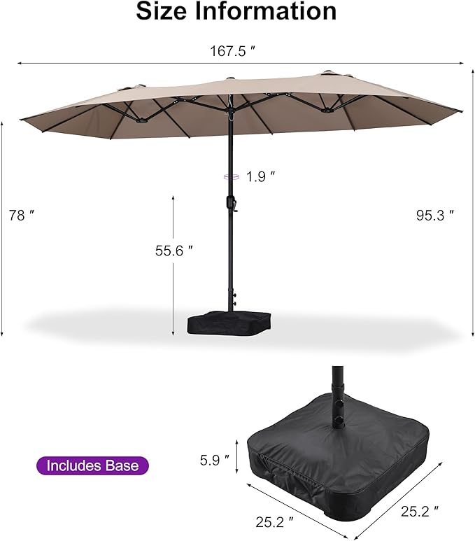 PURPLE LEAF 14ft Patio Market Umbrella with Base Double-Sided Rectangle Outdoor Table Sun Umbrellas with Crank 12 Heavy Duty Sturdy Ribs for Pool Beach Deck Backyard Taupe