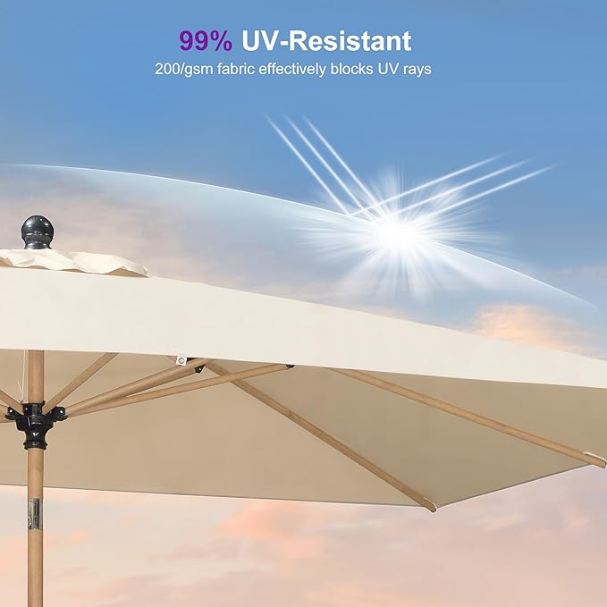 PURPLE LEAF 6' x 9' Patio Umbrella with Base Market Umbrella Rectangular Outdoor Umbrella with Push Button Tilt & Crank and 8 Ribs Aluminum Table Umbrella for Pool Backyard Beach, Beige