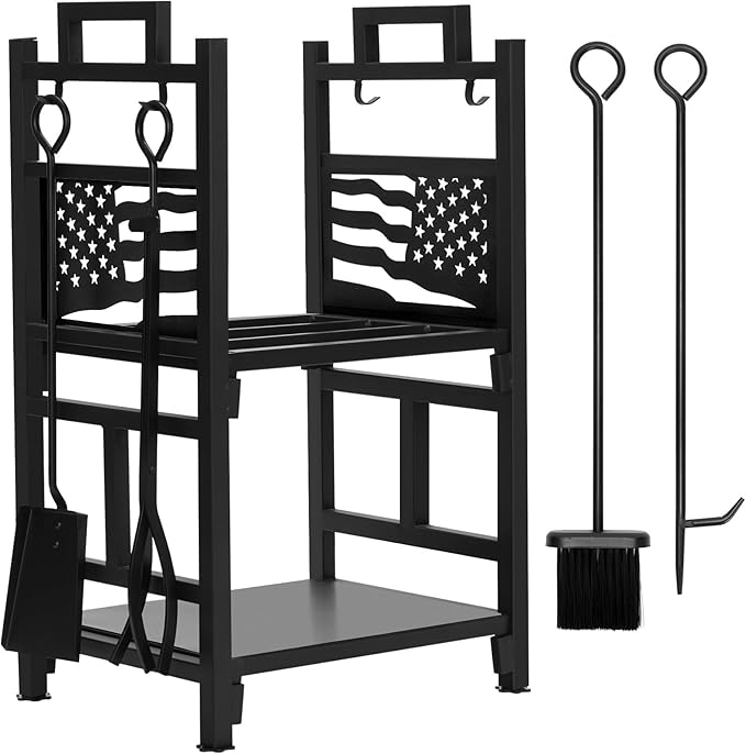 INNO STAGE Firewood Rack Fireplce Firepit Tools Set Double Layer Iron Wood Log Holder for Fire Place Outdoor Indoor Accessories-Brush, Shovel, Tong, Hook
