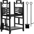 INNO STAGE Firewood Rack Fireplce Firepit Tools Set Double Layer Iron Wood Log Holder for Fire Place Outdoor Indoor Accessories-Brush, Shovel, Tong, Hook