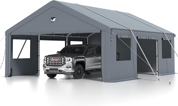 Carports 20X20 Heavy Duty，2 Car Carports with Side Doors，Portable Car Port Garage All Weather，Extra Large Outdoor Carport Canopy，Grey