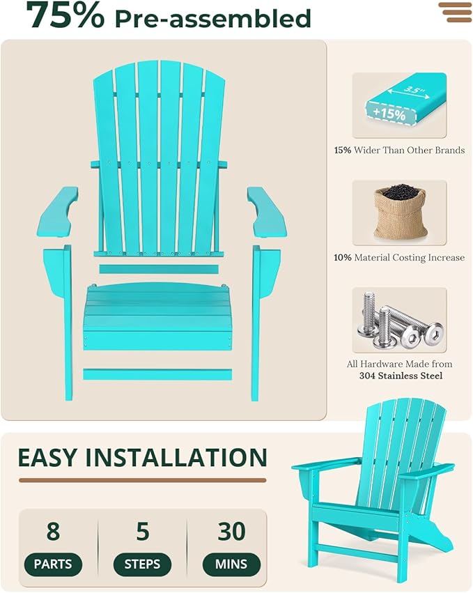 BRIOPAWS Adirondack-Chairs-Set of 2 | Fire Pit Chair | Oversized | HDPE Plastic | Weather Resistant | for Deck Outdoor Poolside Campfire | Aqua