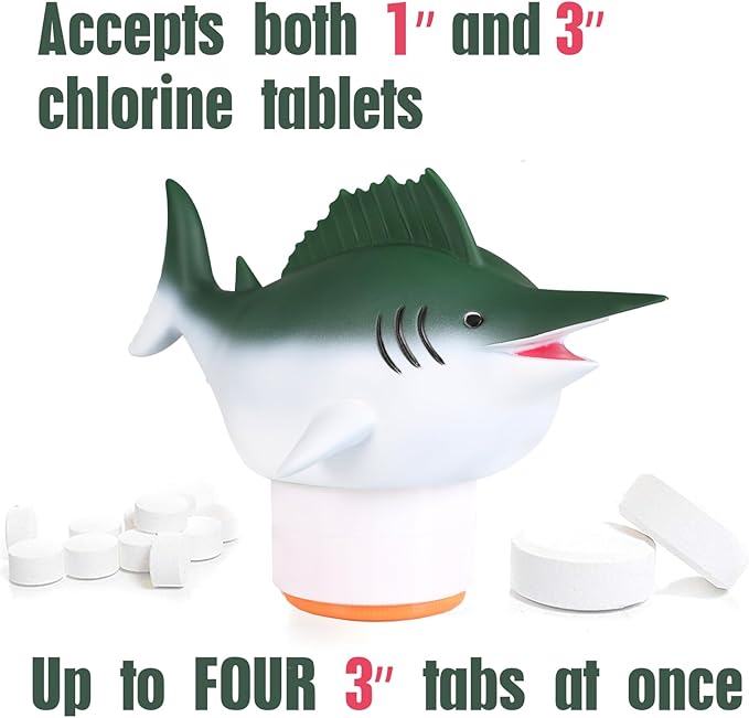 XY-WQ Chlorine Floater, Floating Pool Chlorine Dispenser (Swordfish), Fits 1 and 3 Inch Tablets for Large and Small Pools, Hot Tub, Spa