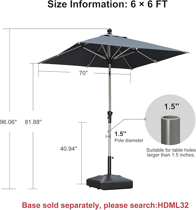 PURPLE LEAF 6' x 6' Square Patio Umbrella with Tilt Adjustment, Outdoor Table Umbrella Champagne Aluminum Frame, Market Umbrella Pool Umbrella for Deck Garden, Patio, or Poolside