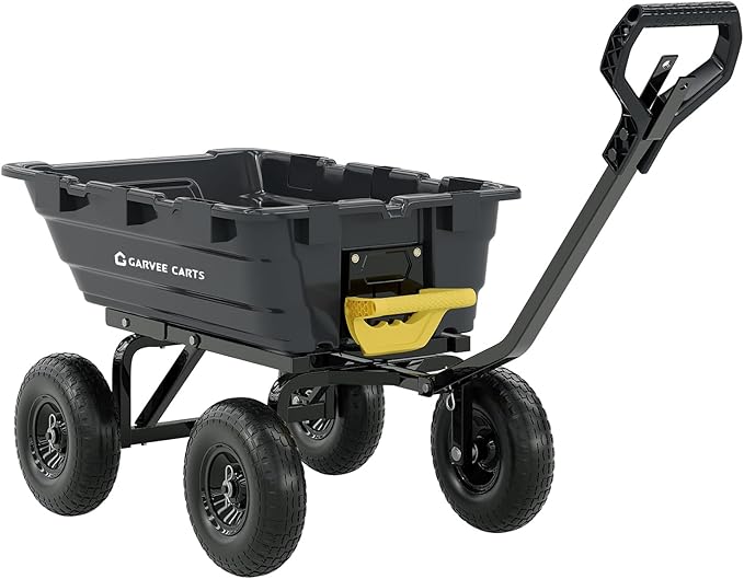 GarveeLife 1400lbs 7Cu.Ft. Garden Dump Cart Tow Behind with 2-in-1 Convertible Handle and 13in All Terrain Wheels, Heavy Duty Poly Pull Behind Yard Dump Wagon ATV Trailer for Lawn Mower Tractor