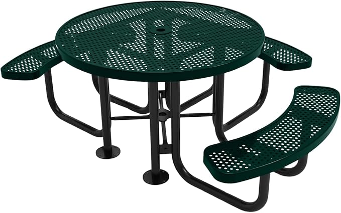 COATEDOUTDOORFURNITURE Heavy-Duty Portable Outdoor Picnic Table with Umbrella Hole, Punched Steel Patio Dining Furniture Made in America (46" Round Top, Textured Dark Green)