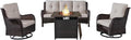 Belord Outdoor Patio Furniture Set with 50000BTU Propane Fire Pit Table, 4 Pieces Wicker Patio Conversation Set with 2 Swivel Rocker Glider Chairs Rattan Sofa Beige Cushion Perfect for Gathering