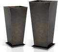 Worth Garden Large Metal Glazed Planter Set of 2 (25" + 28"), Luxurious Glossy Finish Black Tall Square Tapered Steel Plant Pot, Decor Flower Pot Indoor & Outdoor, Drainage Hole & Dual-Purpose Saucer