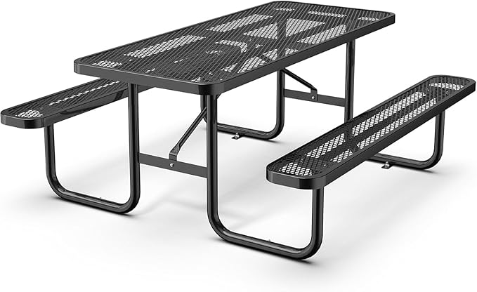 dafrigic 72" All Weather Resistant Commercial Picnic Table for Outdoors, Heavy Duty Picnic Table up to 2800 lbs with Expanded Metal for School, Warehouse, Coffee Shop, Black