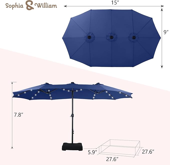Sophia & William 15 ft Extra Large Patio Umbrella with Solar Lights, Rectangular Outdoor Umbrella with Base Included, Market Umbrella Double-sided Heavy Duty for Pool Garden Backyard, Haze Blue