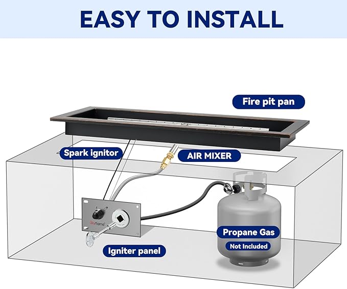 Skyflame 30 x 10 Inch Rectangular Fire Pit Pan Kit, Black Drop-in Fire Pit Pan and Burner, Come with Spark Ignition and Propane Hose, Indoor/Outdoor Fire Pit, Fire Table DIY Decorative
