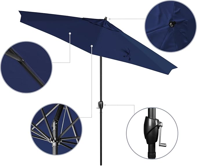 California Umbrella 9' Rd Aluminum Patio Umbrella, Crank Lift, Auto Tilt, Black Finish, Sunbrella True Blue