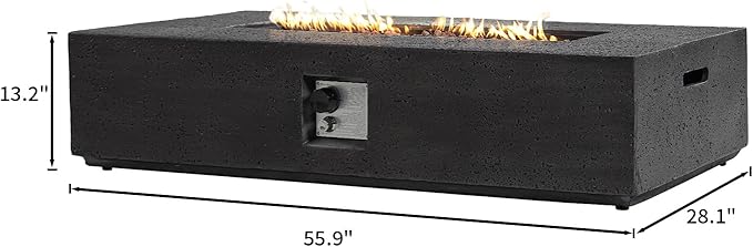 SUNBURY Outdoor Travertine Fire Pit Table, 56 inches Rectangle Propane Gas Patio Fire Pit 50,000 BTU Concrete, Low Firepit Table with Lava Rocks, Waterproof Cover (Grey)