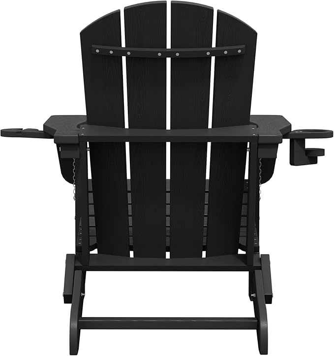 SERWALL HDPE Folding Adirondack Chair with Dual Cup Holder - Composite Adirondack Chair Set of 2- Black