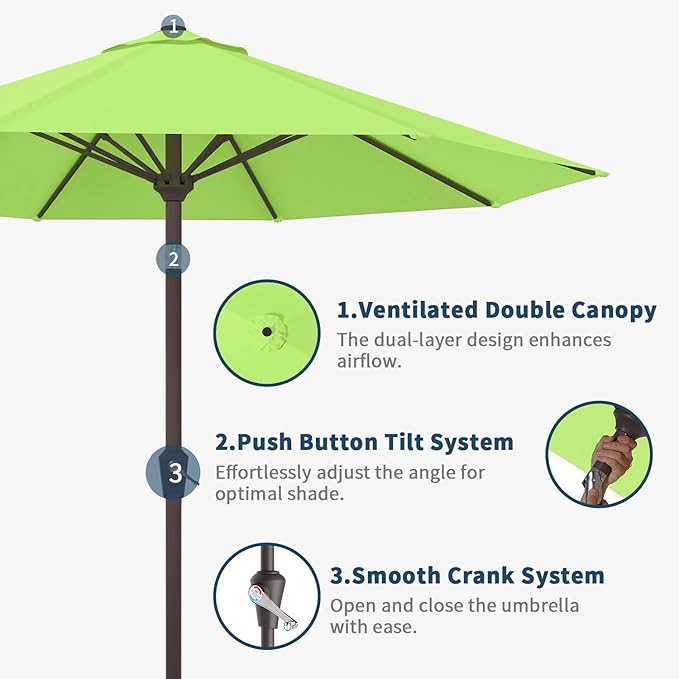 9FT Patio Umbrella Outdoor Table Umbrella w/Push Button Tilt and Crank, 8 Sturdy Ribs, UV Resistant Waterproof Market Umbrella for Pool, Deck, Backyard, Garden, Apple Green