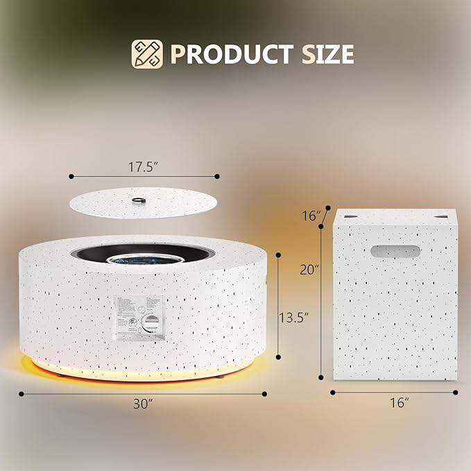 Dineli 2-Piece Outdoor Propane Fire Pit Table Set w Tank Table 30'' Round Fire Pit Table 2-in-1 Firepit Table for Outside Patio Gas Fire Pit w LED, 50,000 BTU, Speckled White with Warmlight