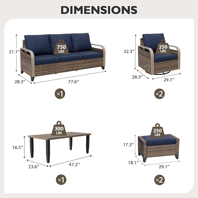 EAGLE PEAK Modern Wicker Outdoor Patio Furniture Set, Patio Conversation Set, 2 Swivel Rocking Chairs, 3-Seat Loveseat, 2 Ottomans and Coffee Table, 6 Pieces, Brown/Blue