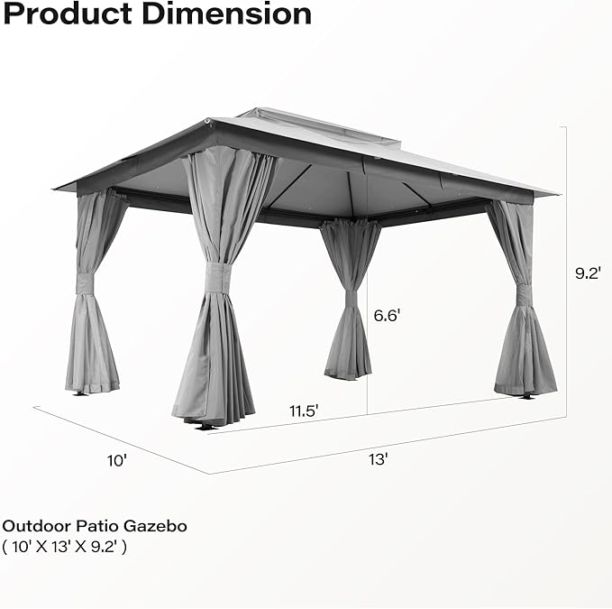 LAUSAINT HOME Gazebo 10x13ft, Heavy Duty Patio Gazebo with Expansion Bolts, Party Canopy Tent with Double Roofs, Mosquito Nettings and Privacy Screens for Backyard, Garden, Lawn, Grey