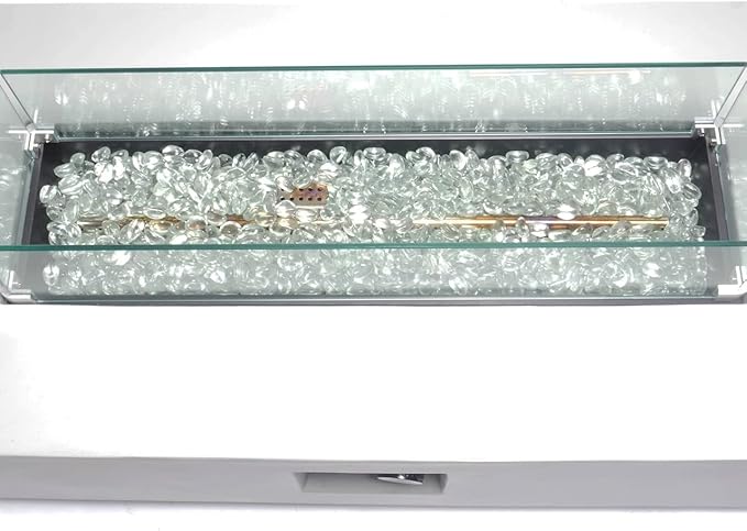 Bluegrass Living 42 Inch x 15 Inch Rectangular MGO Propane Fire Pit Table with Side Table Tank Storage, Glass Wind Guard, Crystal Glass Beads, Fabric Cover - Model# DFT42R-CG