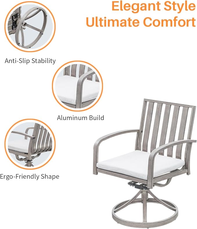 SEEHILL Aluminum Patio Dining Chairs Set of 2, 360°Swivel Outdoor Dining Chairs with Washable Cushions, Deep Seating Swivel Chairs Patio Furniture Set for Deck, Balcony, Garden, Poolside, Limed Oak