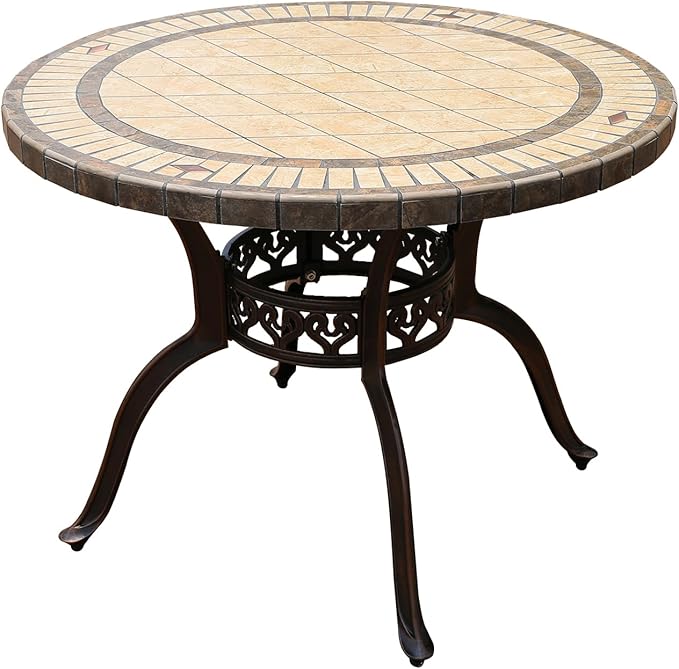 FAPOLITE Outdoor Table Tile Round Patio Table All Weather Aluminum Frame Outdoor Dining Tables for Lawn Garden Backyard (100cm Ore White Round Table)