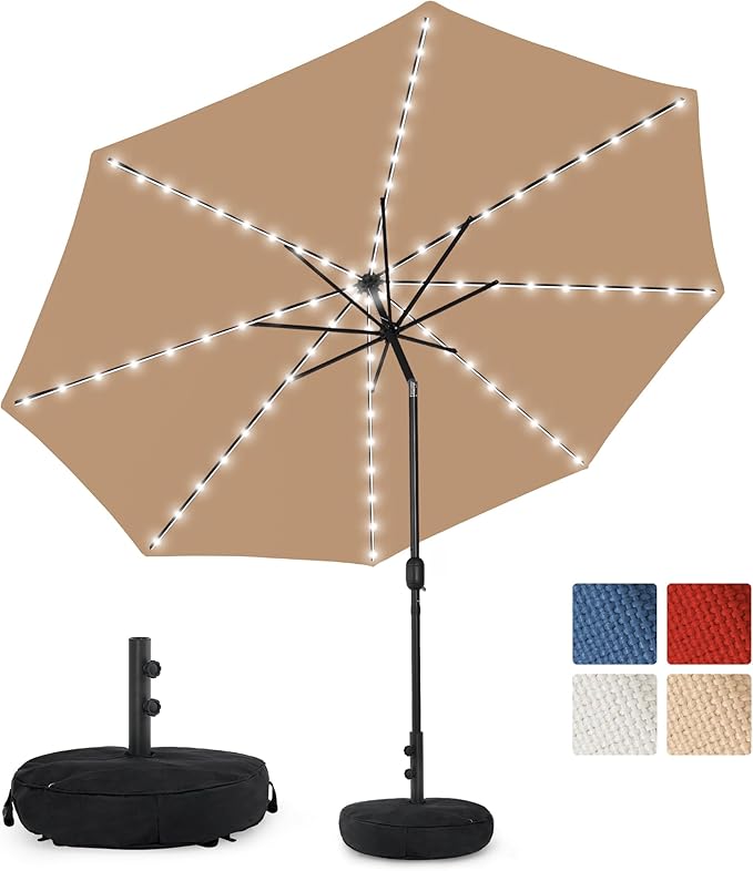 Sundale Outdoor Olefin 5-Year-Non-Fading Solar 80 LED 9 FT Solar Patio Umbrella with Sand Bag Base, Outdoor Umbrella with Tilt and Crank, Tan