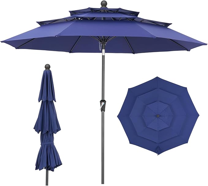 9 FT Outdoor Patio Umbrella, 3 Tier Market Table Umbrella with 8 Sturdy Fiberglass Ribs and 1.5’’ Pole, Smooth Button Tilt Patio Umbrella for Backyard Pool Garden, Blue(No Base)