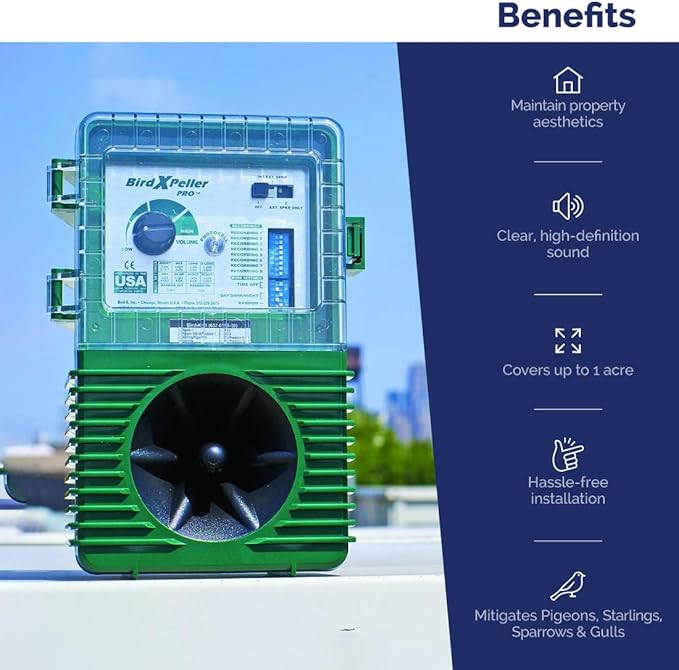 Bird-X BirdXPeller Pro Electronic Bird Preventer Version 1, Sonic Bird Decoy Device, Perfect for Pigeons, Starlings, Sparrows, and Gulls, Covers up to 1 Acre, 3-5 kHz Frequency