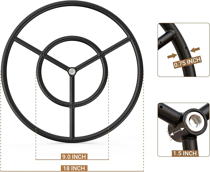 Onlyfire 18 Inches Black Steel Round Fire Pit Burner Ring, Double Ring