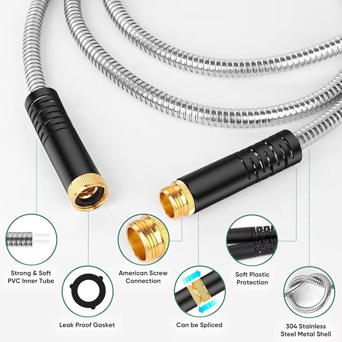 Garden Hose 100ft, Heavy Duty Stainless Steel Water Hose with 10 Functional Nozzles, No Kink, Lightweight and Flexible, Easy to Use and Store, Strong and Sturdy, Suitable for Yard and Lawn1