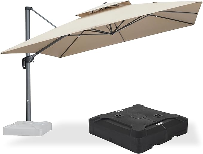 PURPLE LEAF Cantilever Umbrella with Base Included 12FT Outdoor Large Heavy Duty Double Top Offset Hanging 360° Rotation Square Umbrella for Garden Patio Deck Pool Backyard Spectrum Sand