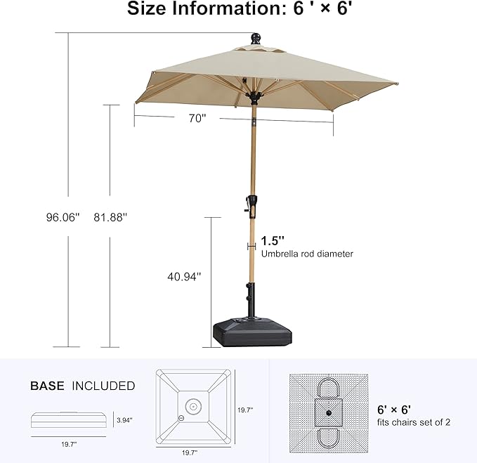 PURPLE LEAF 6' x 6' Square Outdoor Umbrella with Base Outdoor Table Umbrella Aluminum Patio Umbrella with Push Button Tilt & Crank and 8 Ribs Market Umbrella for Pool Backyard Beach, Beige