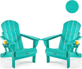Ciokea Folding Adirondack Chair Wood Texture, Patio Adirondack Chair Weather Resistant, Plastic Fire Pit Chair with Cup Holder, Lawn Chair for Outdoor Porch Garden Backyard Deck (Lake Blue, 2Pack)