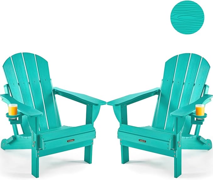 Ciokea Folding Adirondack Chair Wood Texture, Patio Adirondack Chair Weather Resistant, Plastic Fire Pit Chair with Cup Holder, Lawn Chair for Outdoor Porch Garden Backyard Deck (Lake Blue, 2Pack)