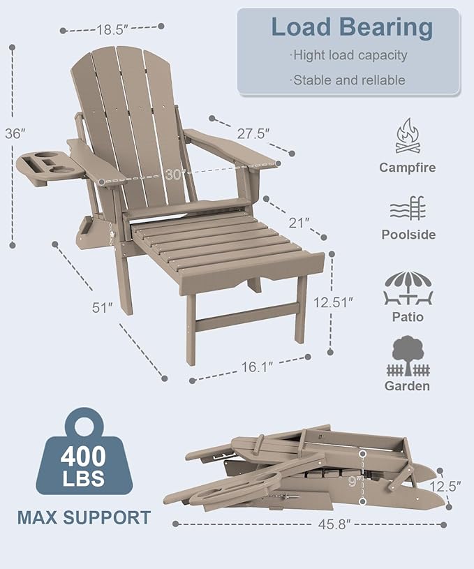 Adjustable Adirondack Chair with Retractable Ottoman Set of 6, HDPE Folding Adirondack Chair with Cup Holder, All Weather Fire Pit Chair for Outdoor.