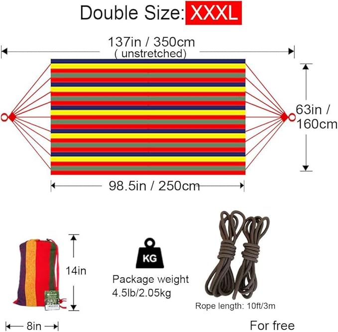 GOCAN Brazilian Double Hammock 2 Person Extra Large Canvas 250x160cm Total Length 350cm Load 500lb Cotton Hammock for Garden Outdoor and Indoor Rainbow(98 * 65'')