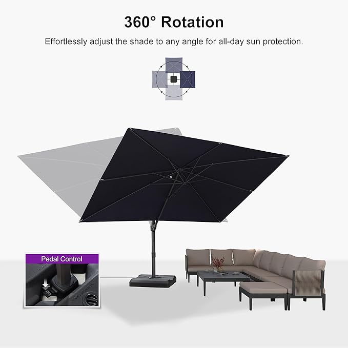 PURPLE LEAF 9' × 11.5' Patio Cantilever Umbrella with Base Outdoor Rectangle Adjustable Offset Umbrellas with 360-degree Rotation and 8 Heavy Duty Metal Ribs for Garden Deck Pool Navy Blue