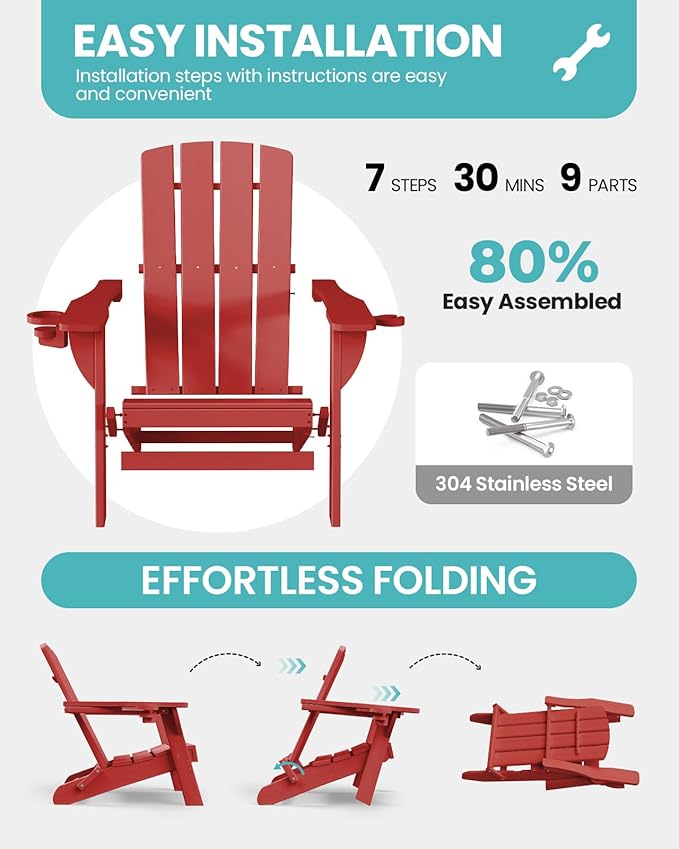 Folding Adirondack Chair, HDPE All-Weather Fire Pit Chairs, Plastic Adirondack Chairs with 2 Cup Holder, Outdoor Lawn Chair for Patio Garden (Red)