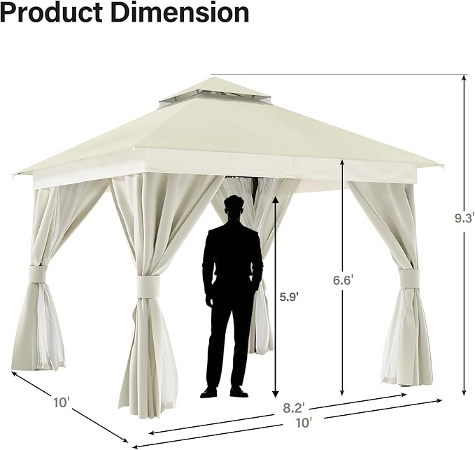 LAUSAINT HOME Outdoor Patio Gazebo 10'x10' with Expansion Bolts, Heavy Duty Party Tent & Shelter with Double Roofs, Mosquito Nettings and Privacy Screens for Backyard (Cream White)