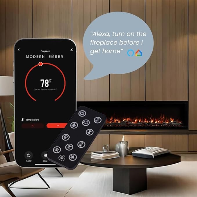 Modern Ember Highmark 84 Inch Smart Linear Electric Fireplace - Premium Flame with 10 Colors, Sleek Hidden Vent Design, Install Recessed in-Wall or Wall-Mount, WiFi Enabled.