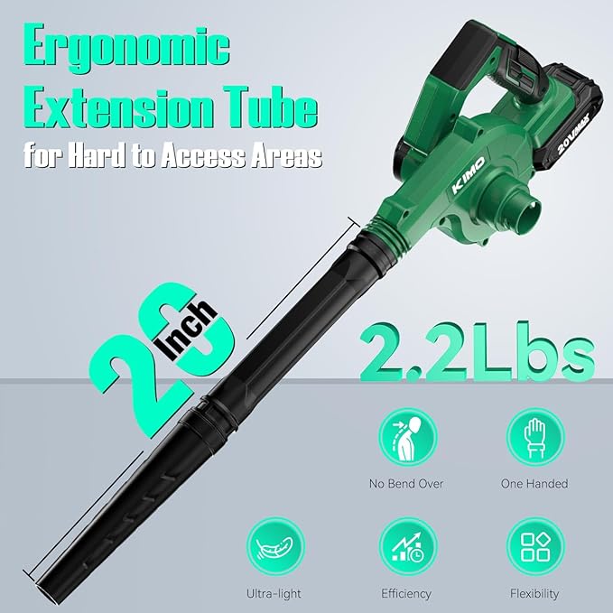 K I M O. Cordless Leaf Blower and Vacuum Combo 4 In 1, 3 Nozzles for Inflation and Deflation, 190MPH/260CFM, Smart Panel w/ 3Modes, 20" Extended Tube, 2Pack Battery Operated Leaf Blowers for Lawn Care