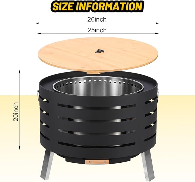 26'' Smokeless Fire Pit Stove Bonfire, Outside Stainless Steel Fire Pit Wood Burning with Ash Pan & Lid, Fire Poker and Dust Bag, Large Firepits Table for BBQ/Bonfire/Camping