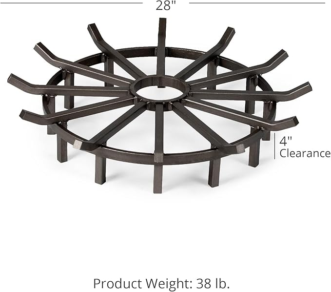 Ash & Ember 28" Wagon Wheel Fire Grate, High-Efficiency Smoke-Free Fireplace Log Grate, Decorative Wood Burning Lifted Grate Pit, Sandblasted Steel with Light Oil Coating
