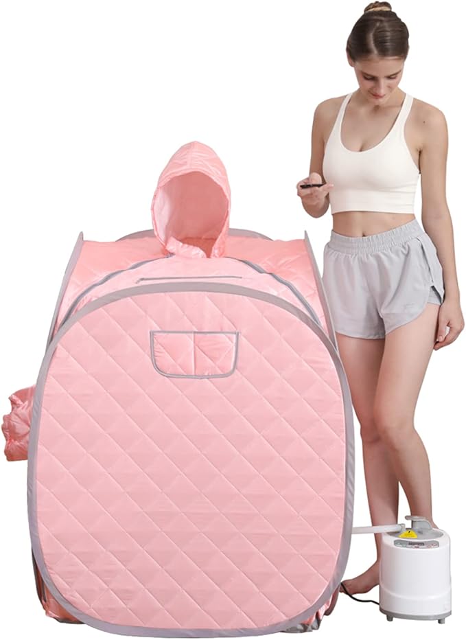ZONEMEL Portable Steam Sauna Kit for 1 Person or 2 Person Full Body Home Sauna Spa, Leg Detox Relaxation, 2L Steam Pot, Remote Control (Pink, L 33.5”x W 32.3”x H 41.7”)