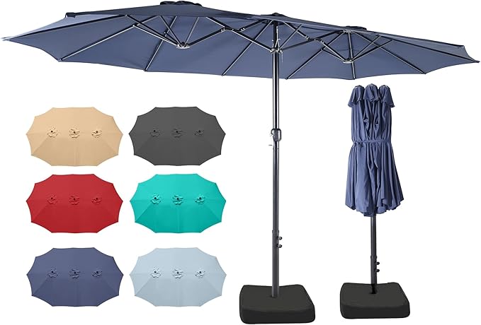 Bigroof 15ft x 9ft Patio Double-Sided Umbrella with Base & Crank, Extra Large Rectangular Outdoor Umbrella for Patio, Lawn & Garden, Beige